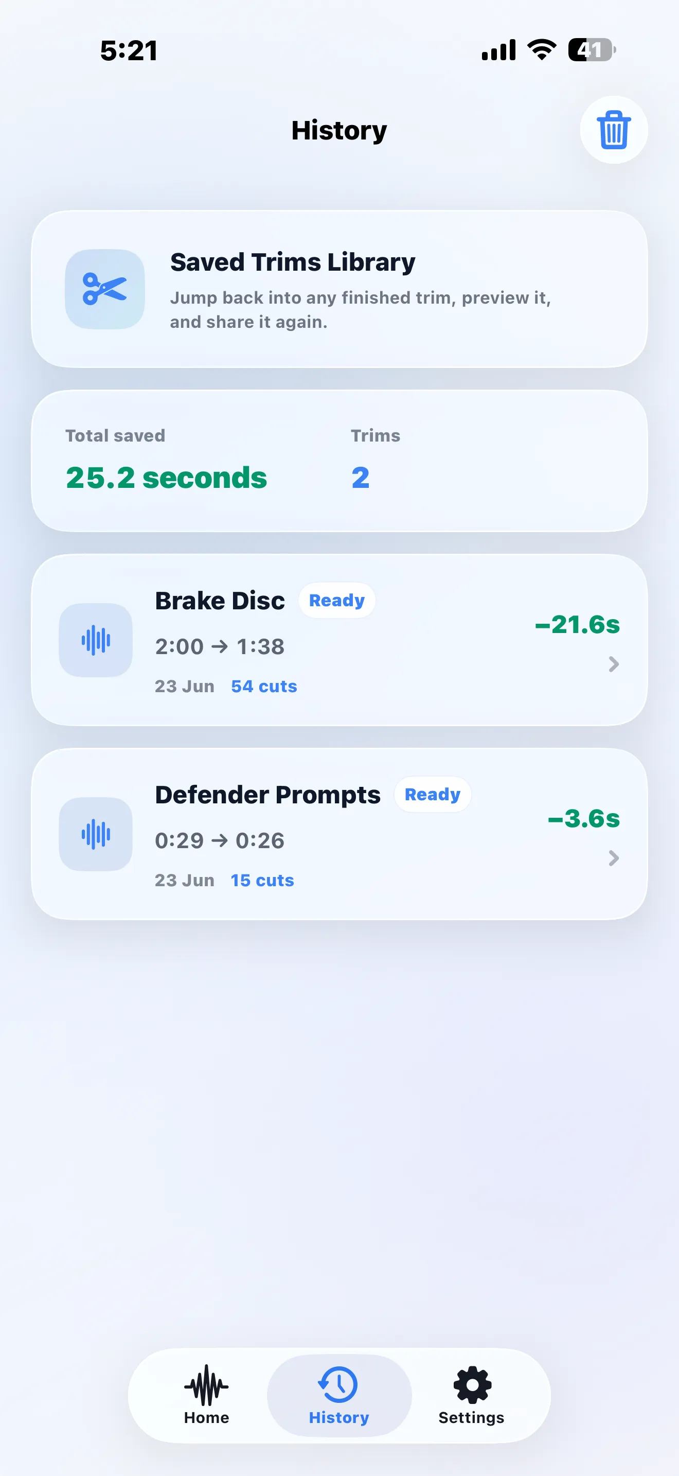 audio trim pro remove silence iphone screenshot — history